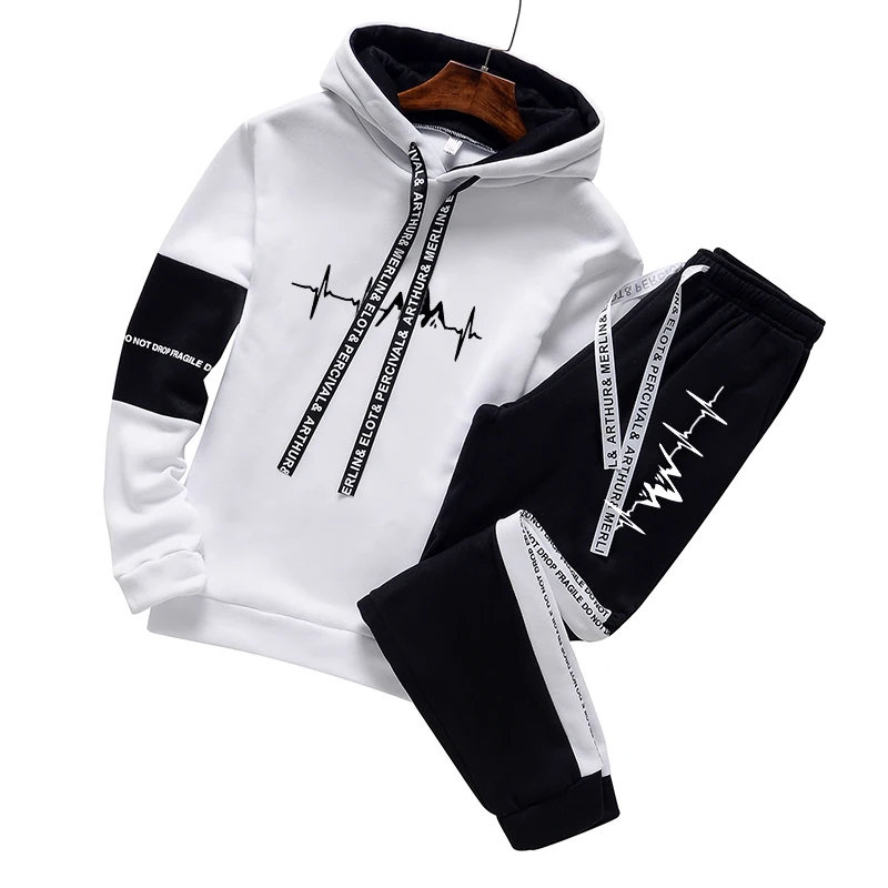 Mens Tracksuit 2 Piece Set Casual Hooded Sweatshirt+Sweatpant Suit Daily Sports Jogging Clothing Autumn Winter BlackWhite Outfit