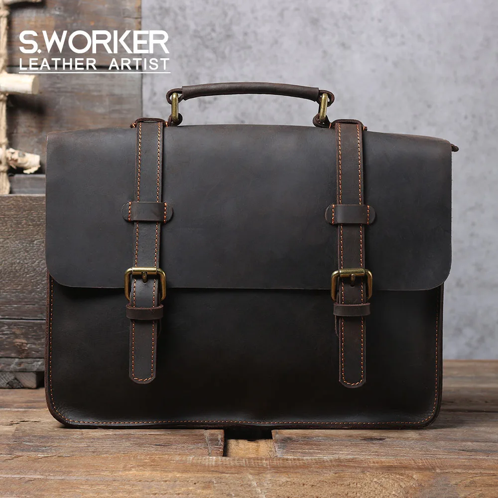 S.WORKER Echtleder-Aktentasche für Herren | Vintage Büro-Handtasche Laptop-Tasche – Detail 2