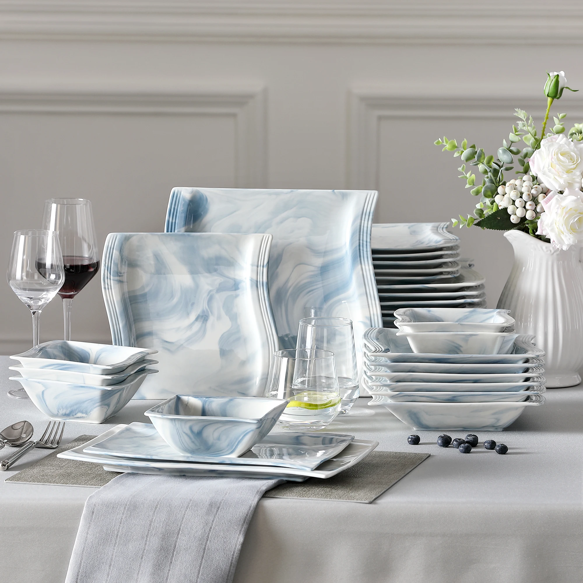 MALACASA FLORA 26-PIECE Nordic European Marble Blue Porcelain Tableware Set with Bowl,Dinner Plate,Dessert&Soup Plate Set for 6