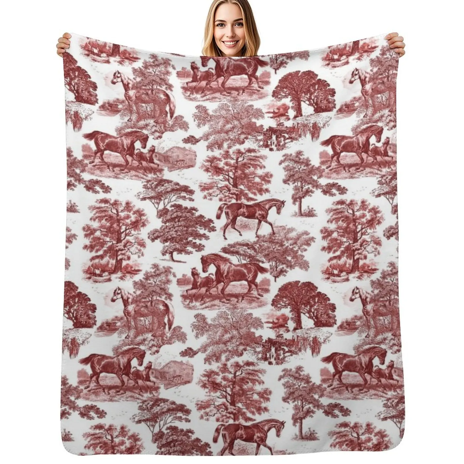 

Elegant Vintage Chic Red Toile Horses Pattern Throw Blanket Cozy Throw Blanket for Bed Sofa Chair