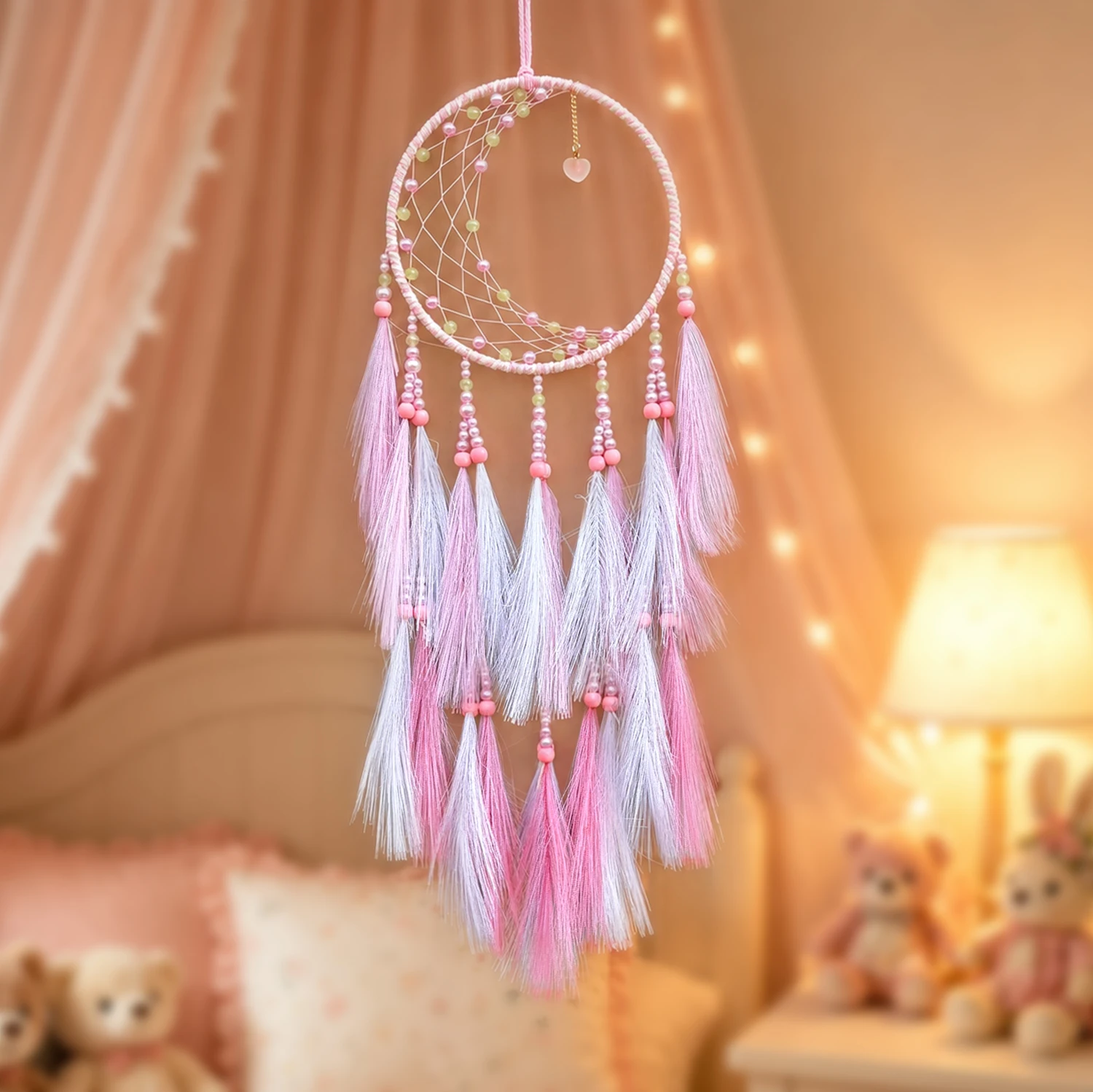 Bohemian Moon Dream Catcher Pink White Faux Feather Tassel Beaded Heart Pendant Wall Hanging Girls Handmade Bedroom Decor Gifts