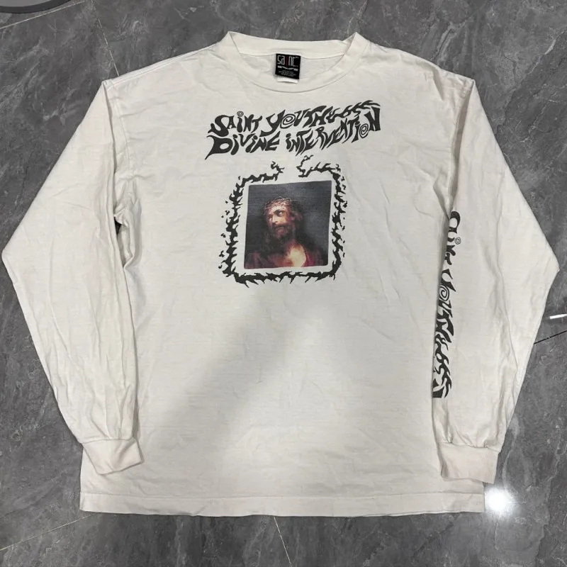 Photo Frame Portrait Printed Graffiti Letter Logo Round Neck Tops Saint Long Sleeve Tshirts Loose Street Men Women Pullover