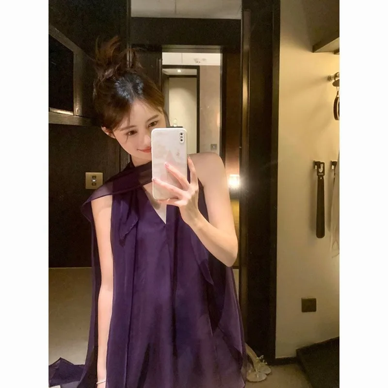 

Solid Color Pullover Chiffon Ribbon V-neck Halterneck Blouse Top for Women