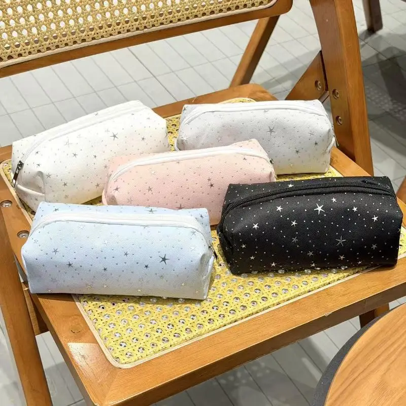 【B】Multicolor Star Print Canvas Pencil Case Multi-functional Portable Zippered Pen Pouch Large Capacity Portable Cosmetic Bag