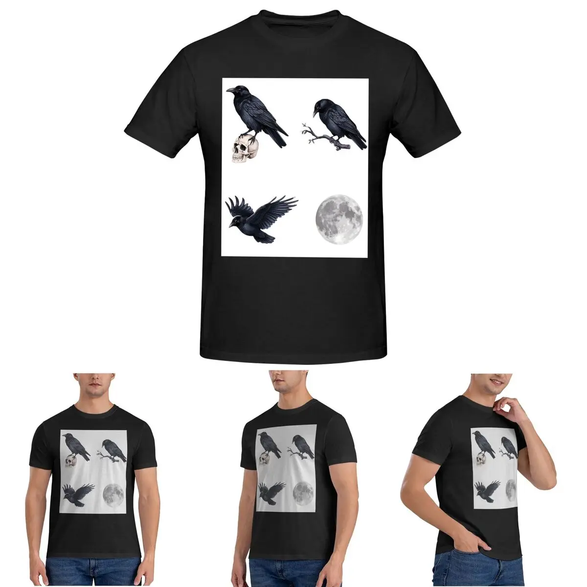 

Trendy Black Raven Crow ,skull And Moon Pack T-Shirt for Men Cotton Plus Size T Shirts Men's Tees Short Crew Neck Clothes Tops