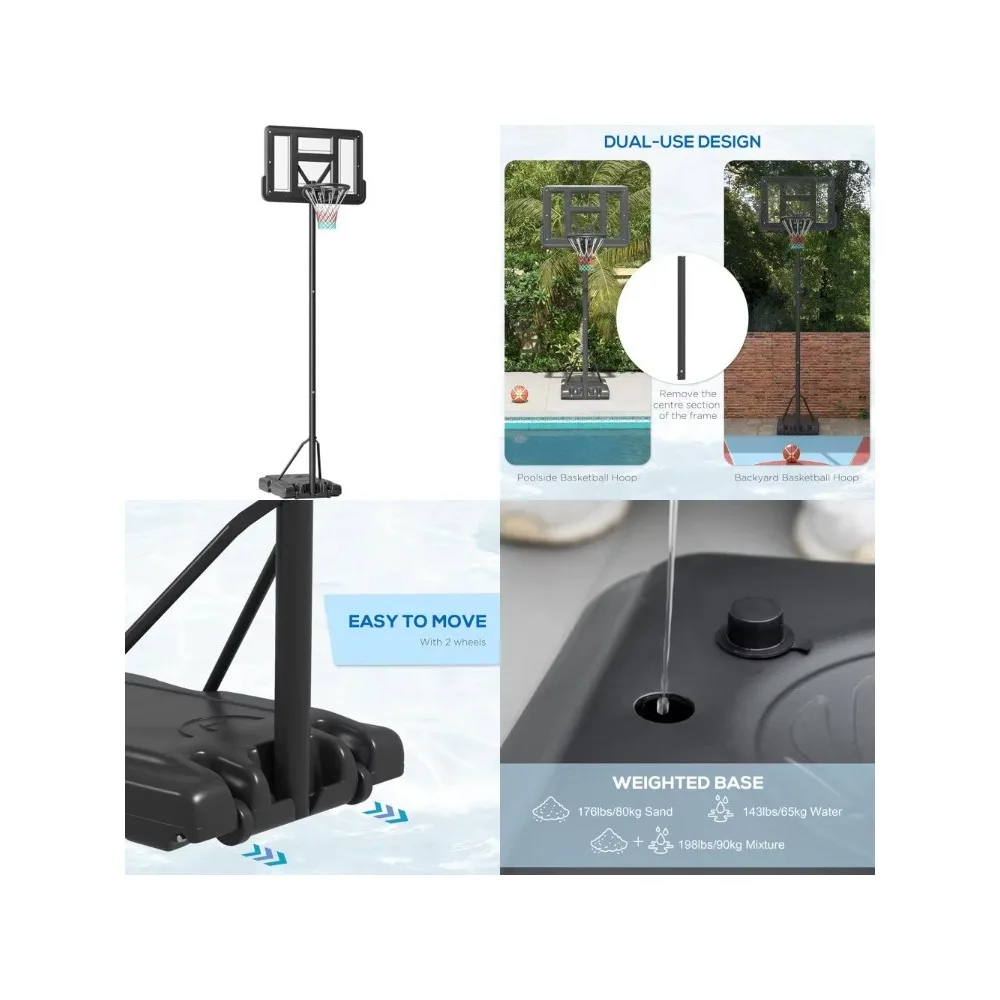 Height Adjustable Pool Basketball Goal, 7.5-10FT, 43.25 Backboard, Wheels, Fillable, Portable Outdoor Basketball Hoop