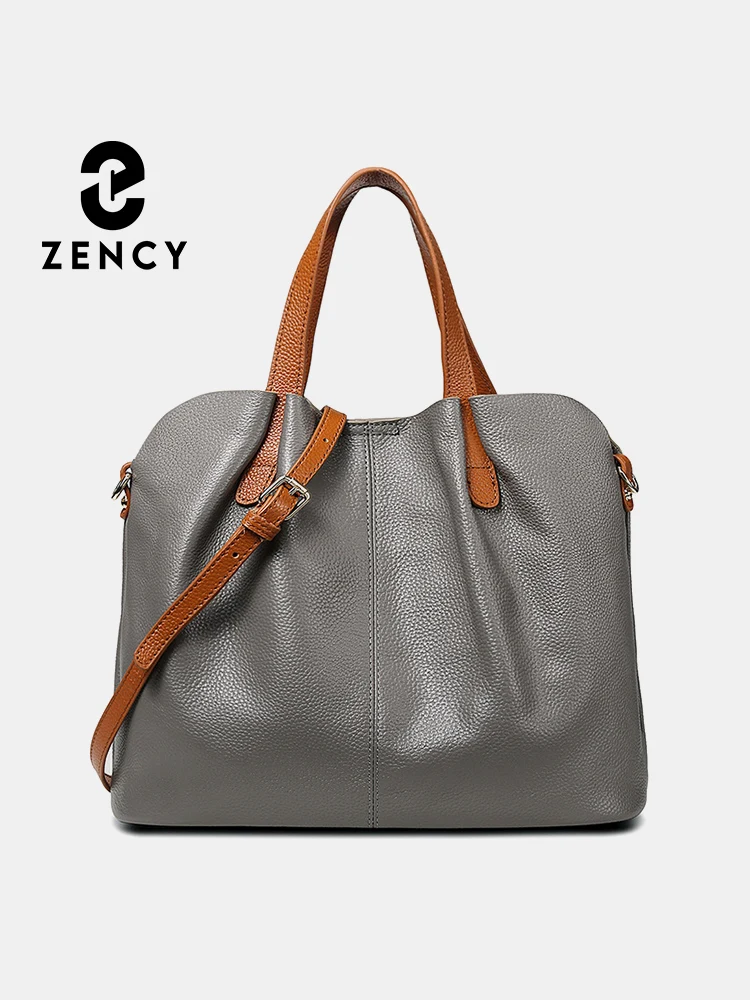 Zency Genuine Leather Women Shoulder Bag Ruched Contrast Color Top Layer Cowhide Shoulder Crossbody Handbag Versatile tote Bags