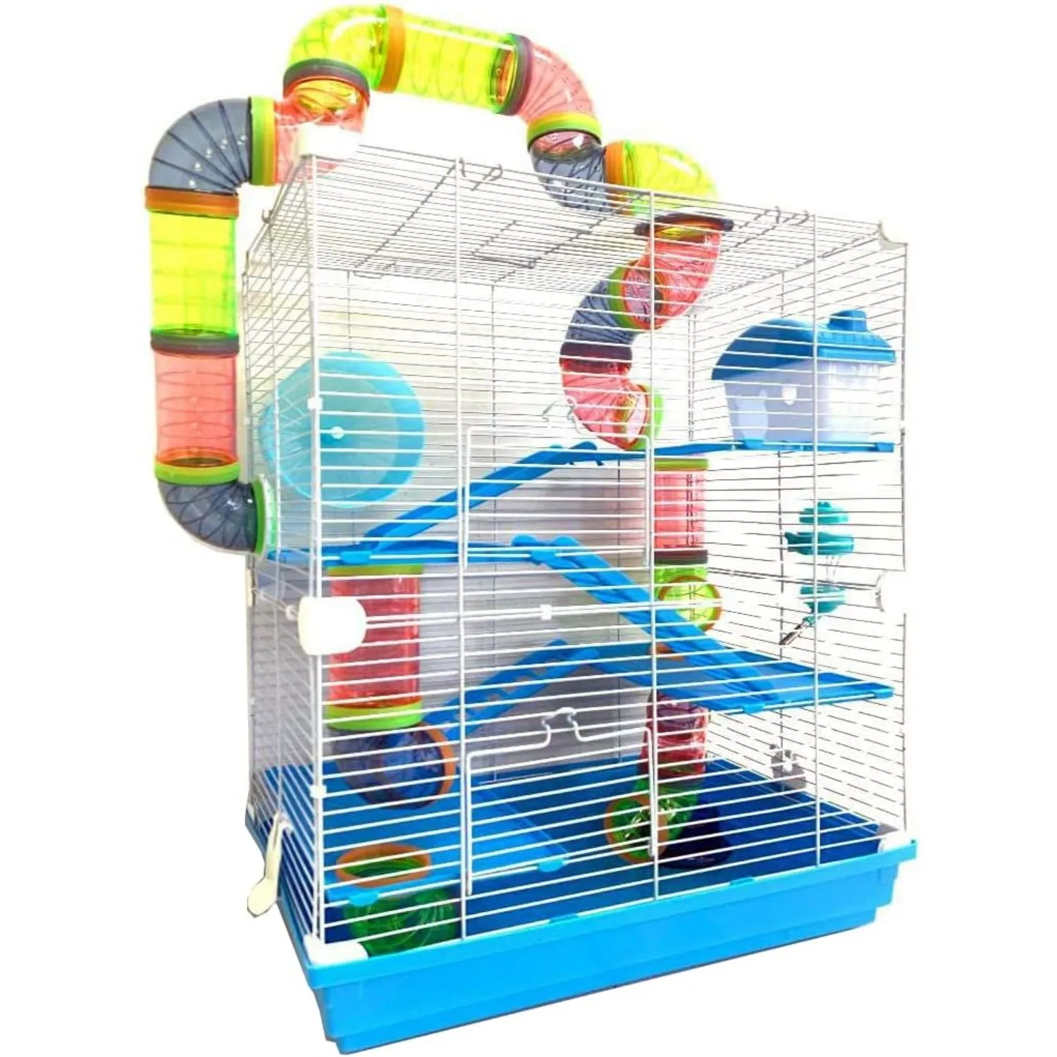 Large 5-Floors Blue Hamster Mansion Habitat Cage Paw Safe Solid Platform with Hide House Running Excerise Wheel Food Bowl