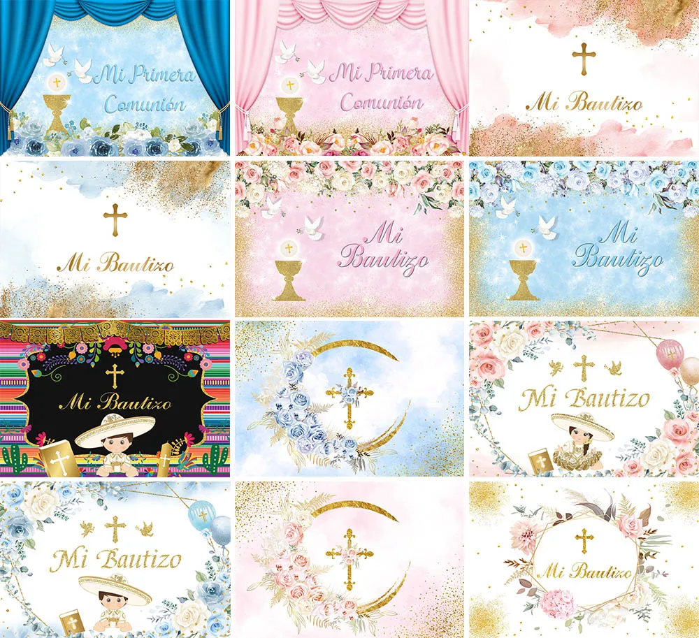 

Mi Bautizo Flowers Backdrop for Girl Baptism Gold Cross Boho Floral Leaves Decor Gold Sequins Photography Background CR-01