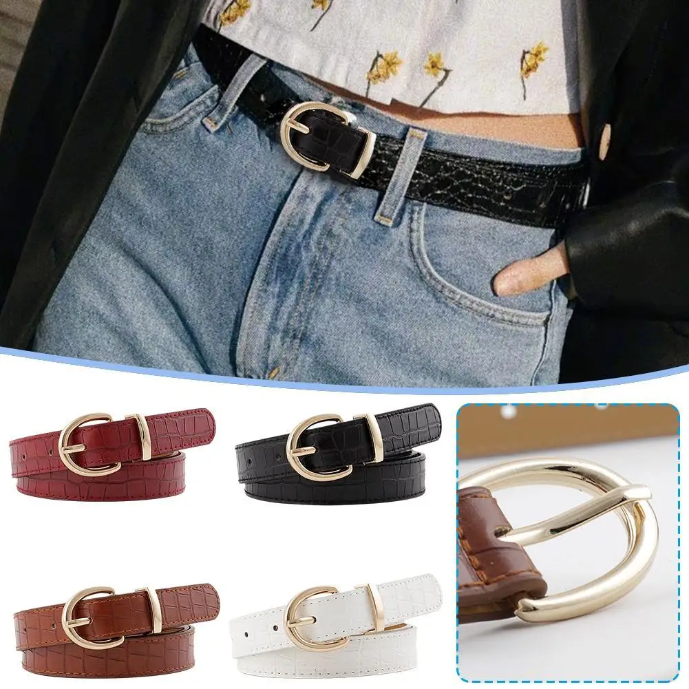 

Women Slim Waist Alligator Pattern Gold Buckle Belt Decoration Needle Buckle All-match Jeans Skirt Elastic Waist Decoration