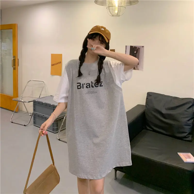 Oversized Women's Clothing Casual Korean Printing O-neck Short Sleeve Tshirt Dress Female Loose Letter Mid Length Top T-Shirt