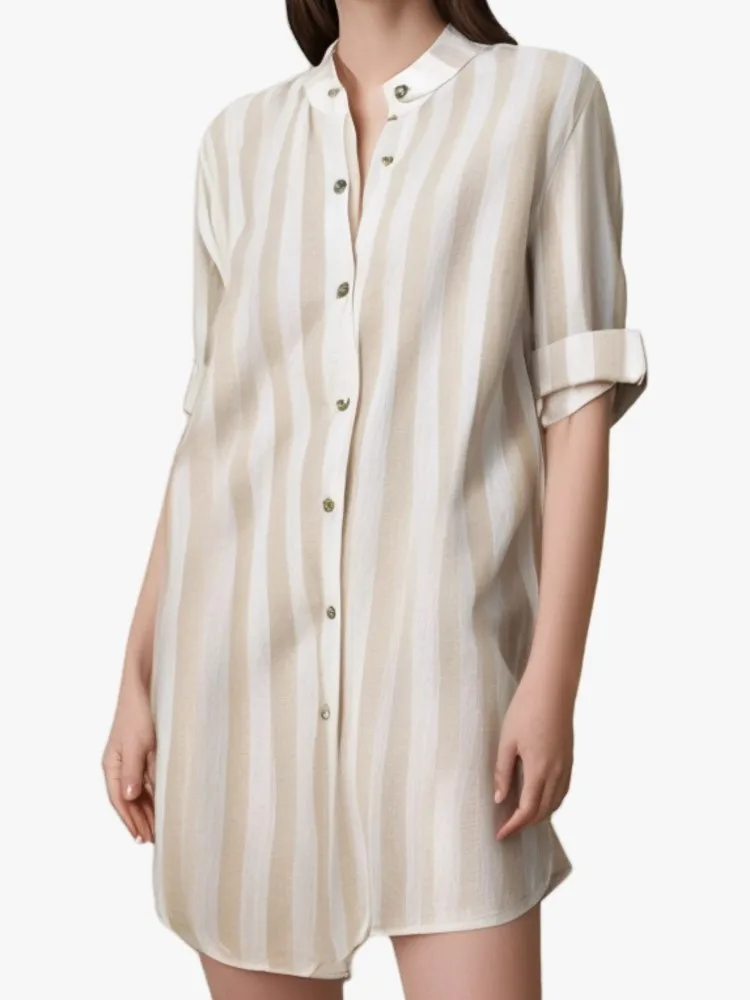 Camicia di lino in cotone a maniche lunghe da donna di nuovo arrivo primaverile Camicetta di media lunghezza con bottoni casual allentati con stampa a righe di moda