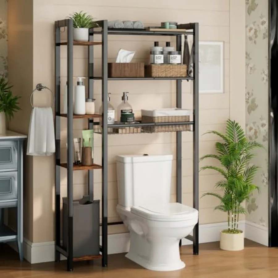 

Over The Toilet Storage with Side Rack 7-Tier Bathroom Organizer with Adjustable Shelf and Drain Basket and 4 Hooks Freestandin
