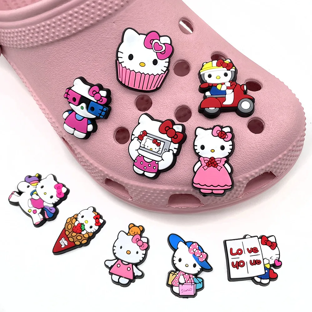 Mesuca 1/10pcs Hot Sale Kawaii Cute Hello Kitty Rubber PVC Shoe Charms Cartoon Cat Clog Decor DIY Accessories For Slides Sandals