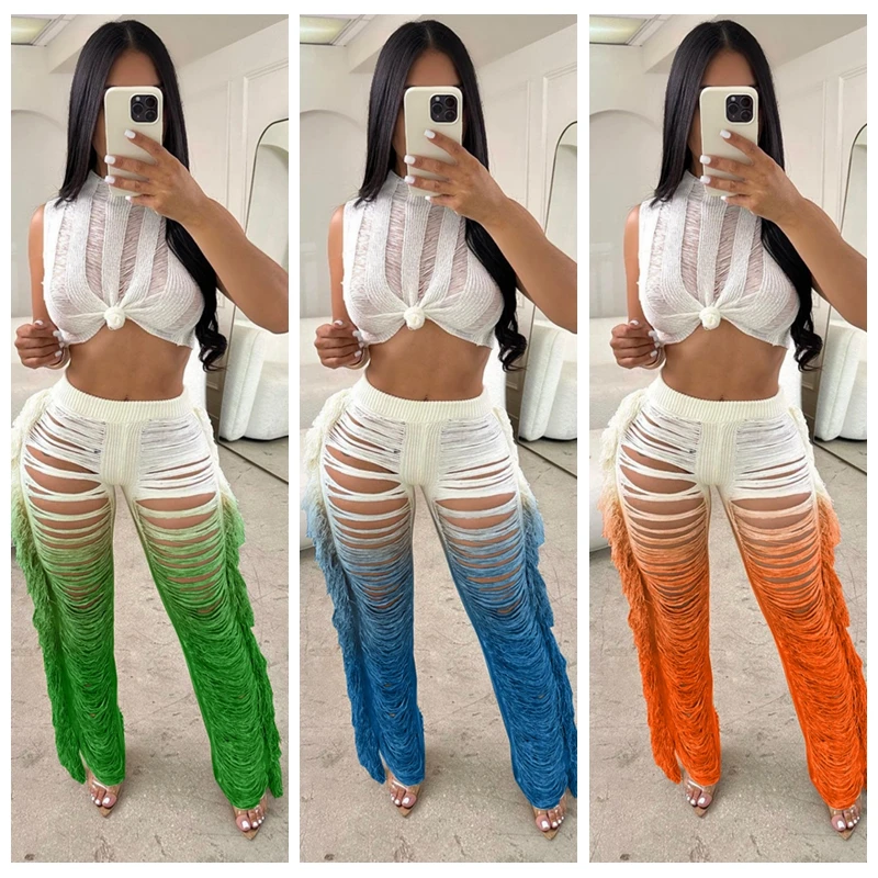 2023 New Crochet Tie Dye 2 Two piece Beach Wear Cover-ups Sexy women Hollow Out Tank Top+ long Pants Bikini Swimwear Cover up