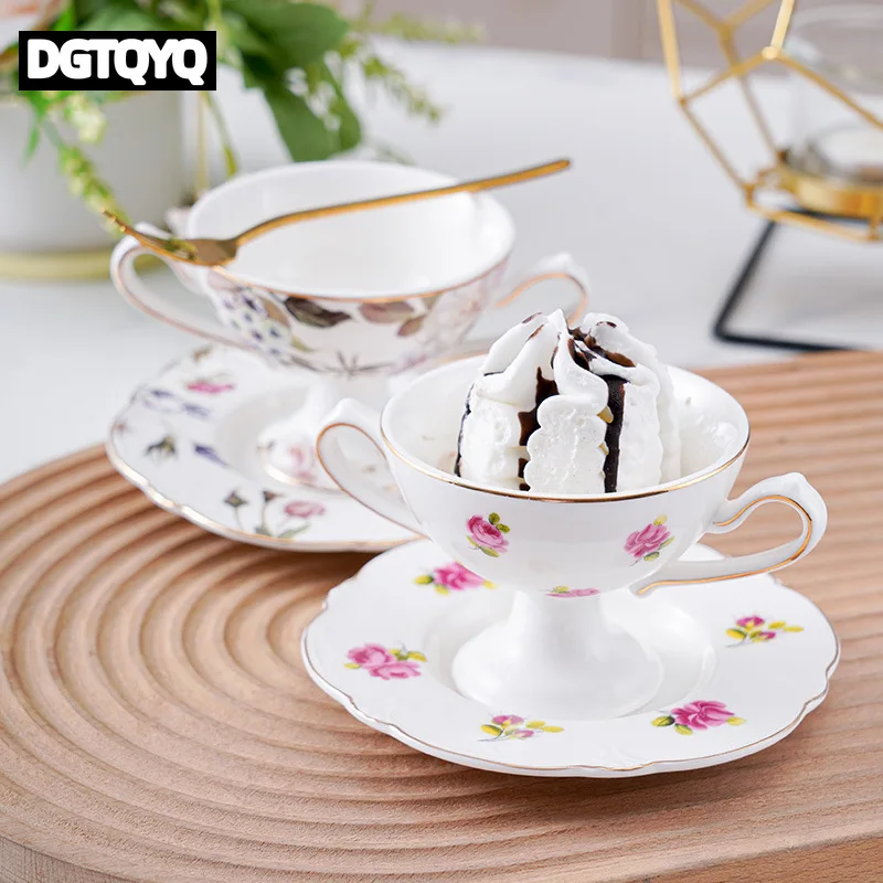Ensemble élégant de tasse et soucoupe en céramique à bord doré, motif floral, style vintage, en porcelaine, pour café, thé, bol à dessert, crème glacée, thé de l'après-midi