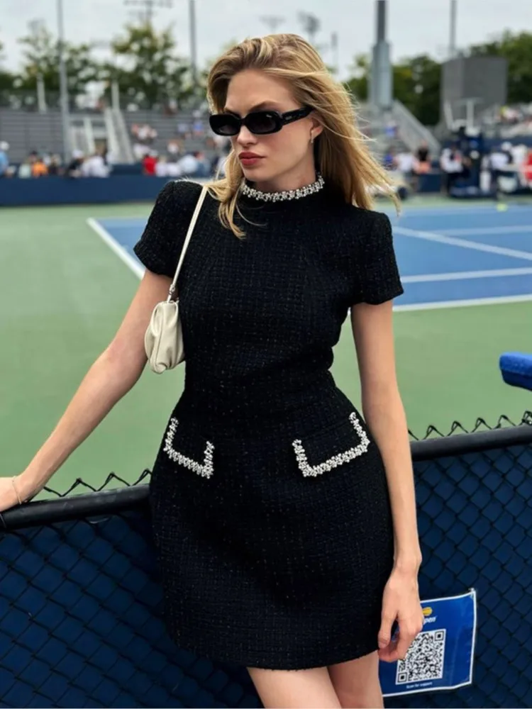 Nail Beads Short Dresses Bright Silk Round Neck Slim Fit Socialite Elegant  Slimming Women Fake Pocket Wool tweed Dresses Summer - AliExpress 200000345