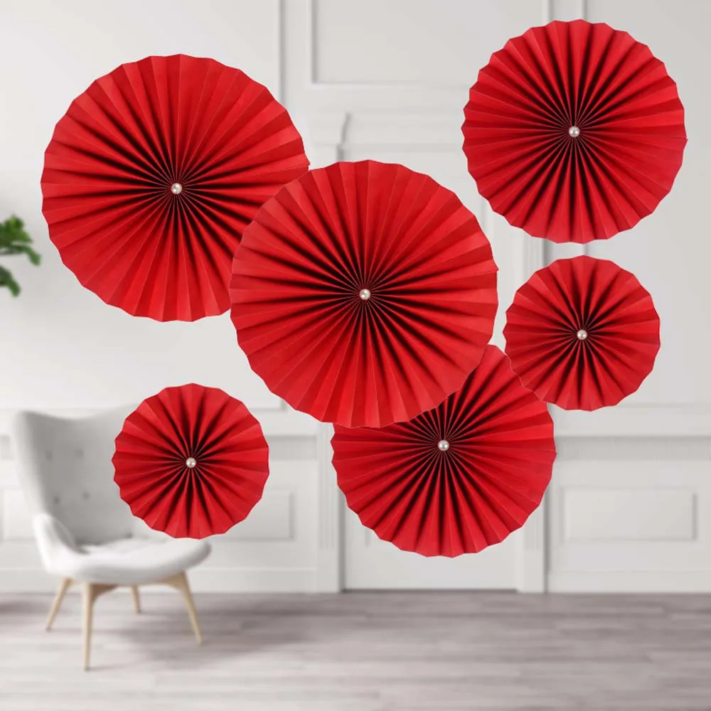 6Pcs Chinese Style Red DIY Wedding Fan Flower Hanging Paper Crafts Bedroom Living Room Wall Decor Origami Fan DIY Party Supplies