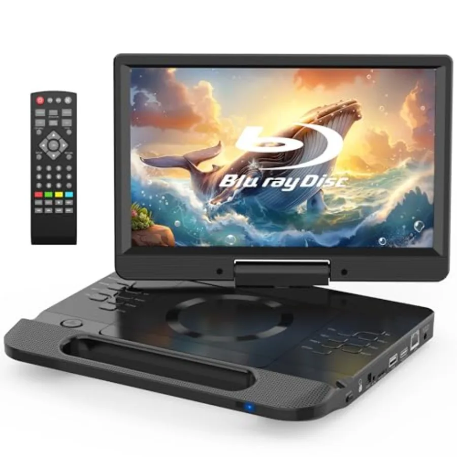 

Портативный Blu-ray плеер 13.3 дюйма с 12-дюймовым поворотным экраном Full HD, черный, со встроенным перезаряжаемым аккумулятором, пультом дистанционного управления, входами HDMI и AV