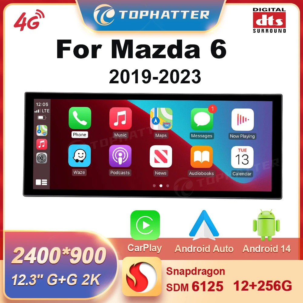12.3inch Carplay For Mazda 6 2019-2023 Qualcomm668S DTS Multimedia Car Radio Stereo GPS Navi Android14 2K HD Screen Player