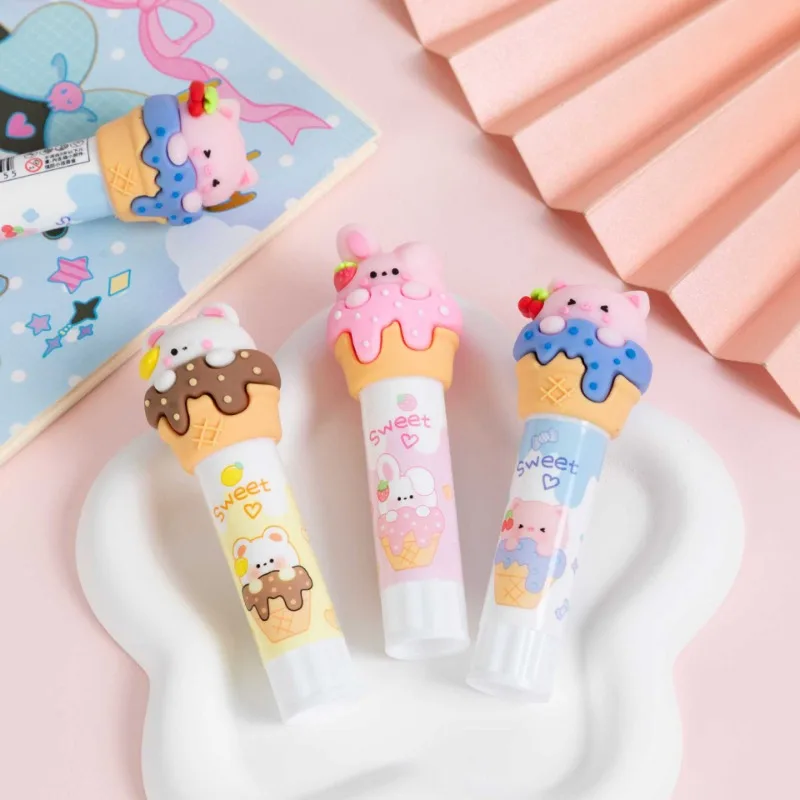 1pcs Cute Ice Cream Creative Solid Gel Shape Silicone Head Student Glue Stick PVA Upgraded High Viscosity