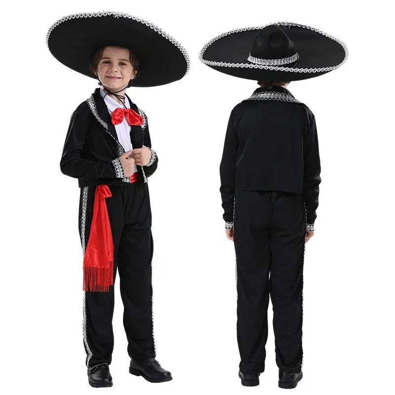 Boys Mexican Traditional Mariachi Costume for  Dance Cosplay Costumes with Hats for Carnival Theme Party