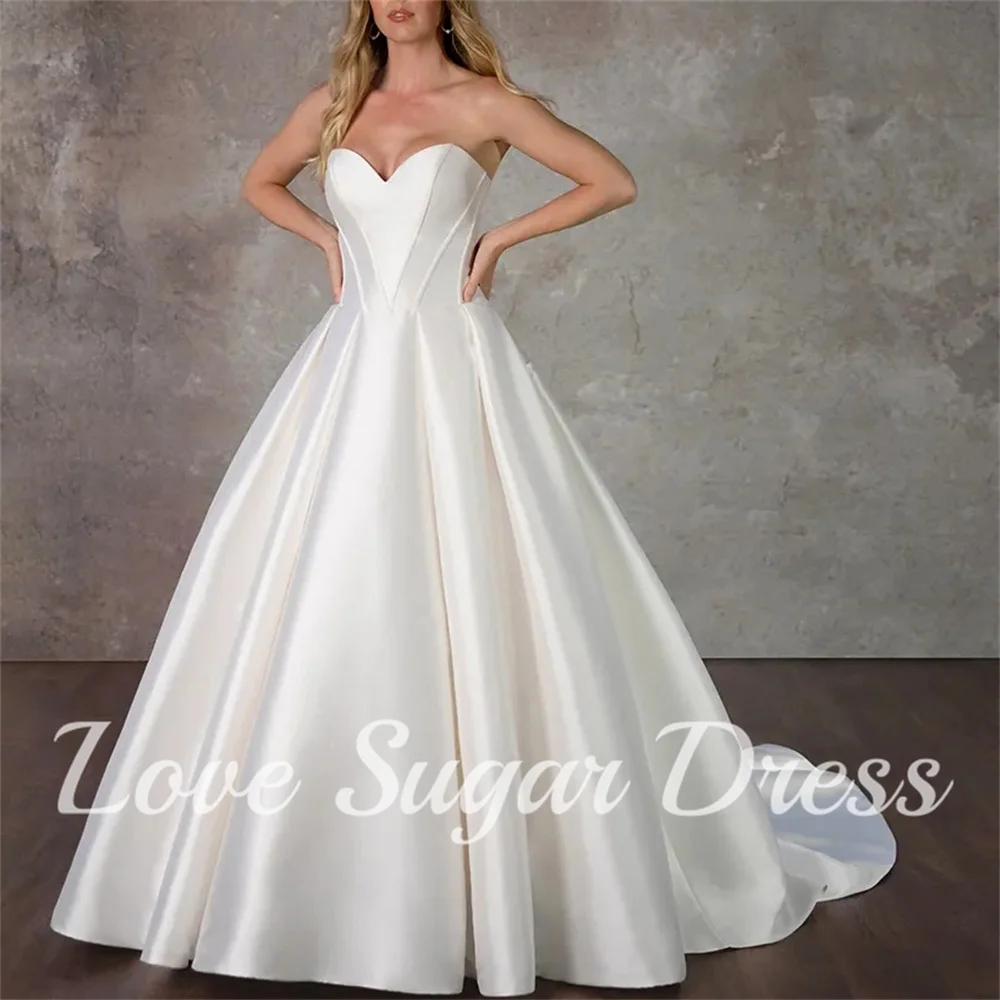 Elegant A Line Wedding Dresses With Pockets Sweetheart Satin Bridal Gowns Long Train Back Button Bride Dress vestidos para mujer