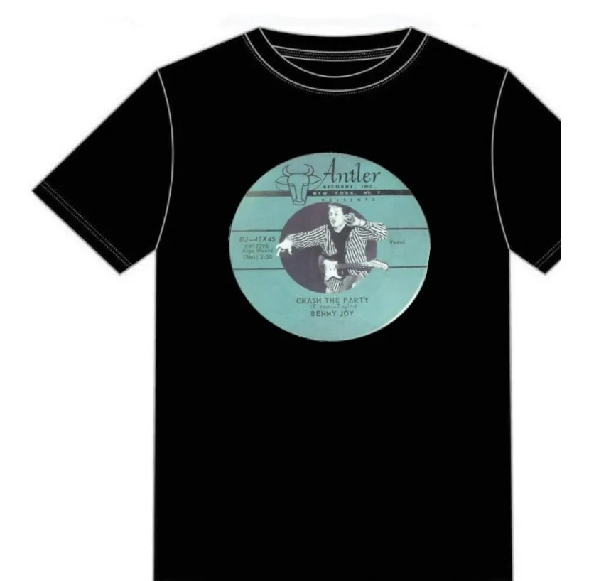 BENNY JOY 'CRASH THE PARTY' ANTLER RECORDS BLACK T SHIRT ROCK N ROLL TEDDY BOY