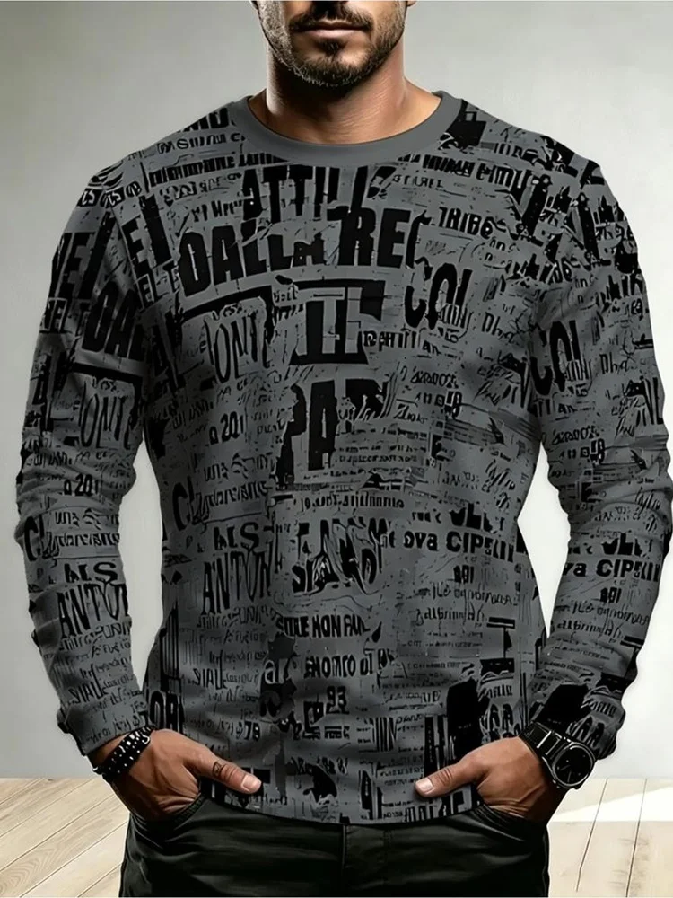 Men's Grey Newspaper Print Long Sleeve T-Shirt Black Text Graffiti Vintage Pullover Tops Gift New Streetwear Fashion Hot