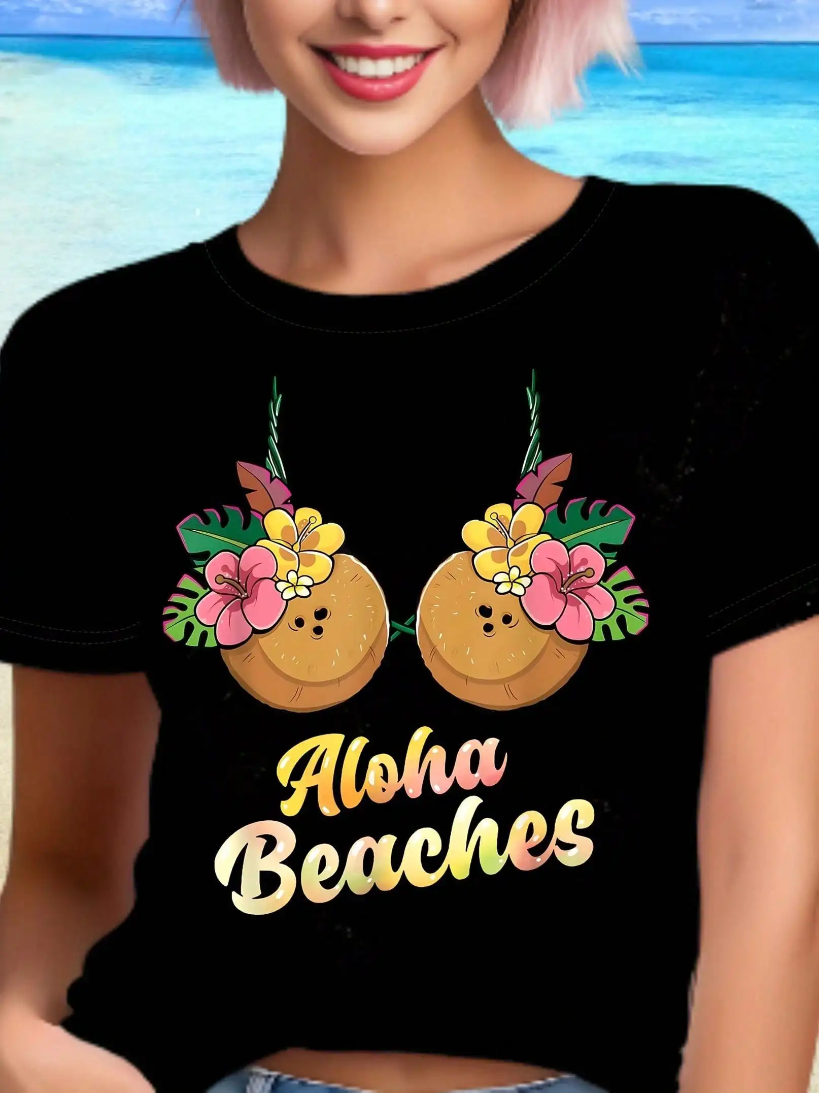 تي شيرت حفلة الشاطئ |   طباعة ألوها النسائية - رقبة دائرية من القطن سريعة الجفاف للسفر وكاجوال جلام، قابلة للتمدد