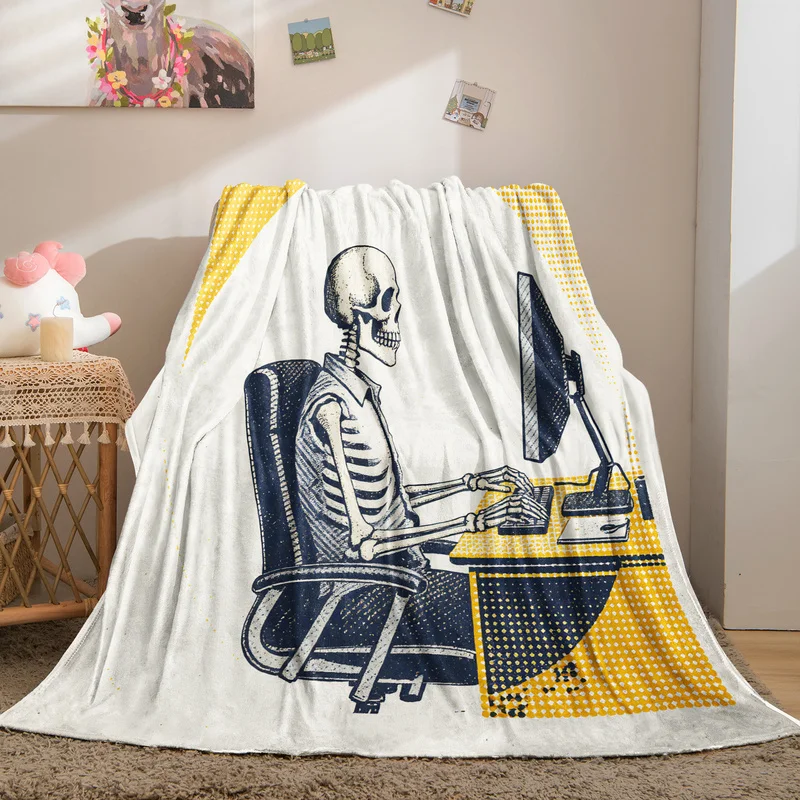 Vintage Skeleton Office Worker Flannel Blanket Gothic Skull Typing On Computer Print Throw Blanket Cozy Warm Sofa Bed Decor Gift