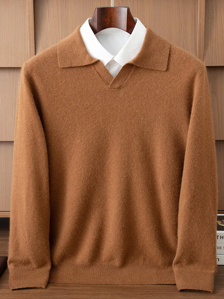 High Quality Men Wool Sweater Polo Collar Pullover Smart Casual Autumn Winter Simple 100% Pure Wool Knitted Soft Clothing Top