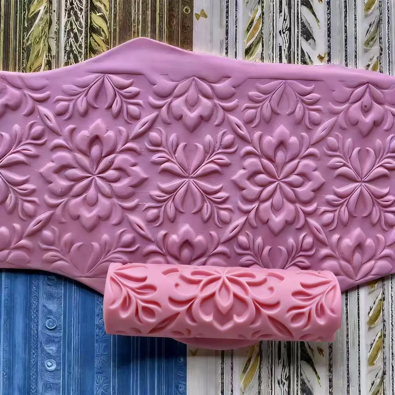 DIY Ton-Texturroller mit Damastmuster für Polymer-Fondant PLA – Langlebige 3D-Motive mit klassischen Blumen- und geometrischen Motiven – Detail 2