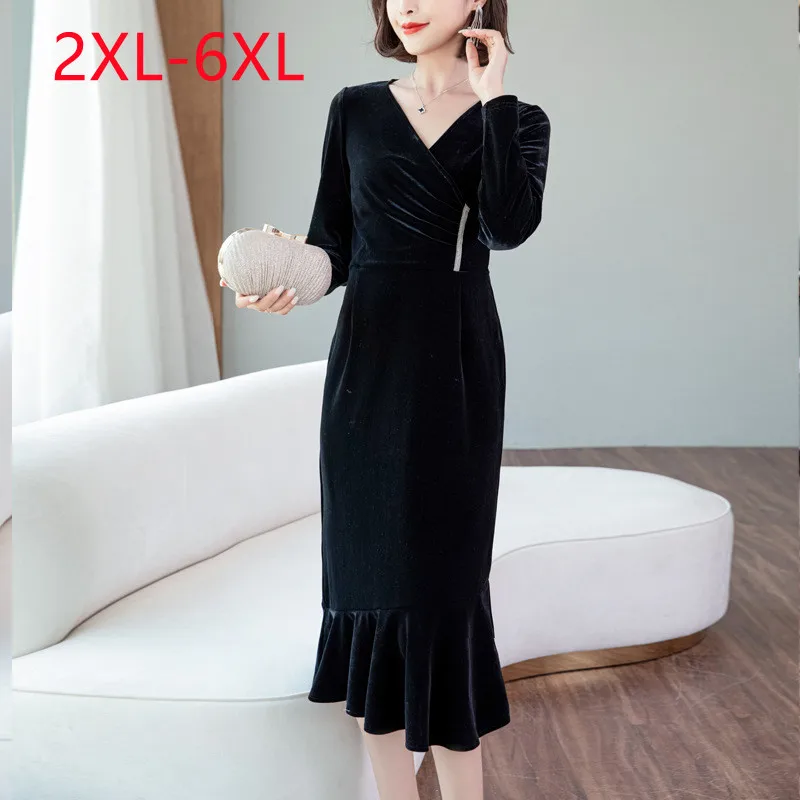 

New 2023 Ladies Spring Autumn Plus Size Midi Dress For Women Large Size Long Sleeve V-neck Dress 2XL 3XL 4XL 5XL 6XL