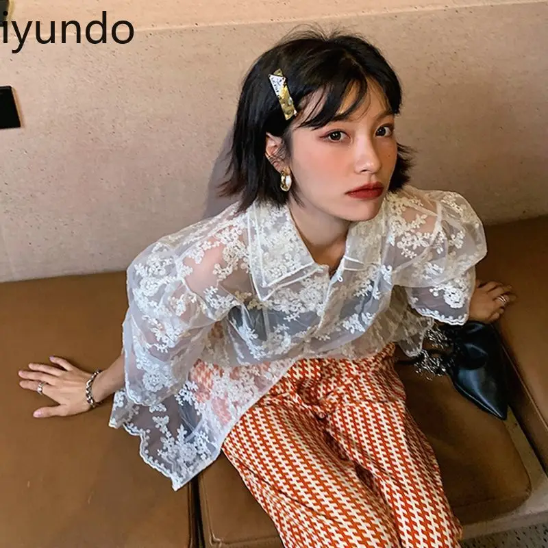 

Women's Summer Puff Sleeve Lace Blouse Loose Fit Sun-Protective Sheer Cover-Up with Dual Collar Lightweight Student-Style Top