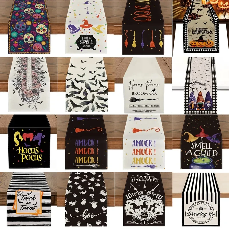 VIKAMA Multi Styles Halloween Table Runner, Polyester Washable Table Scarf Pumpkin Ghost Spider Crow Holiday Dining Decor