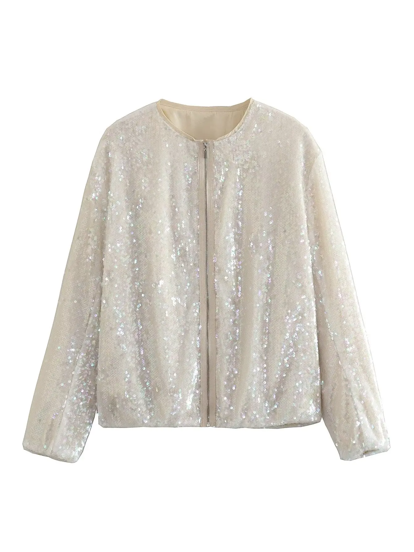 Women Sequined Beige Coats Long Sleeve Zipper Elegant Fashion Glitter Jackets