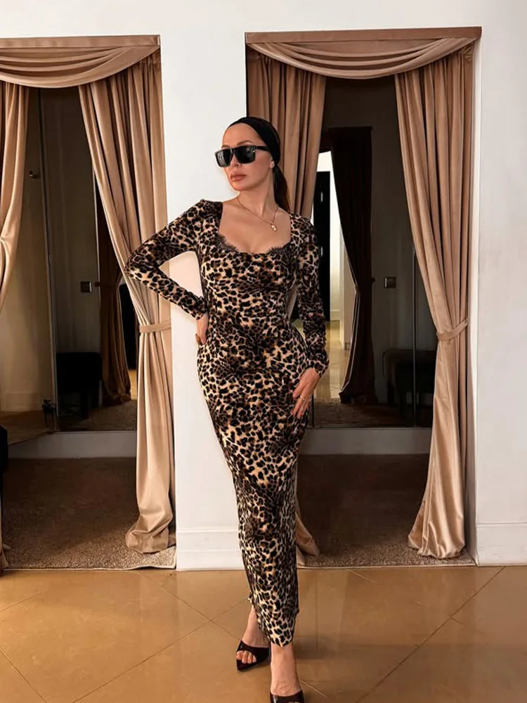 Cnyishe renda retalhos gola quadrada estampas manga longa vestidos femininos moda bainha na moda dividir roupas femininas bodycon sexy