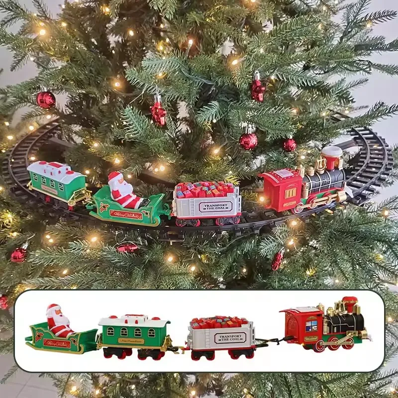 Tren ferroviario que funciona con batería con sonido y luz, juguetes para coche ferroviario, tren de Navidad, decoración de árbol, pista, juguetes eléctricos para niños