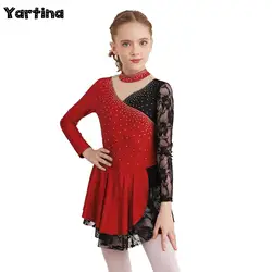 Kids Girls Rhinestone Artistic Figure Skating Dress Rhythmic Gymnastics Floral Ballet Lyrical Tight Fitting Dance Leotard Dress