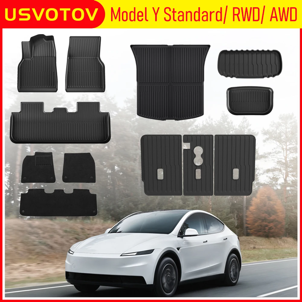 USVOTOV For 2025 2026 Tesla Model Y Standard RWD AWD Floor Mats All Weather Trunk Mats Cargo Liner Backrest Pads Car Accessories
