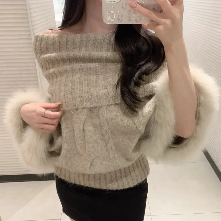 

Women's Chic Lazy Sle One-oulder Knitted Sweater High Collar Long Sve Removable Fur Top Commute Faion Winter Collection
