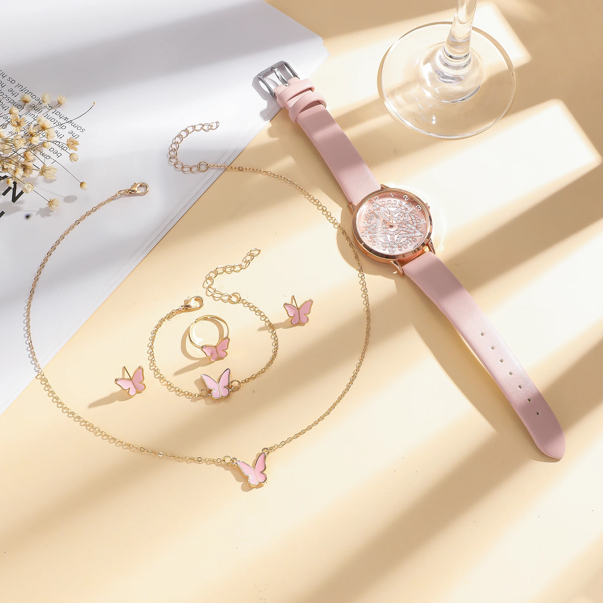 5 قطع/مجموعة ساعات كوارتز بناتي وردية اللون طقم مجوهرات سوار على شكل فراشة؛ مناسبة لتقديم هدايا العيد؛ لا يوجد صندوق هدايا. #4