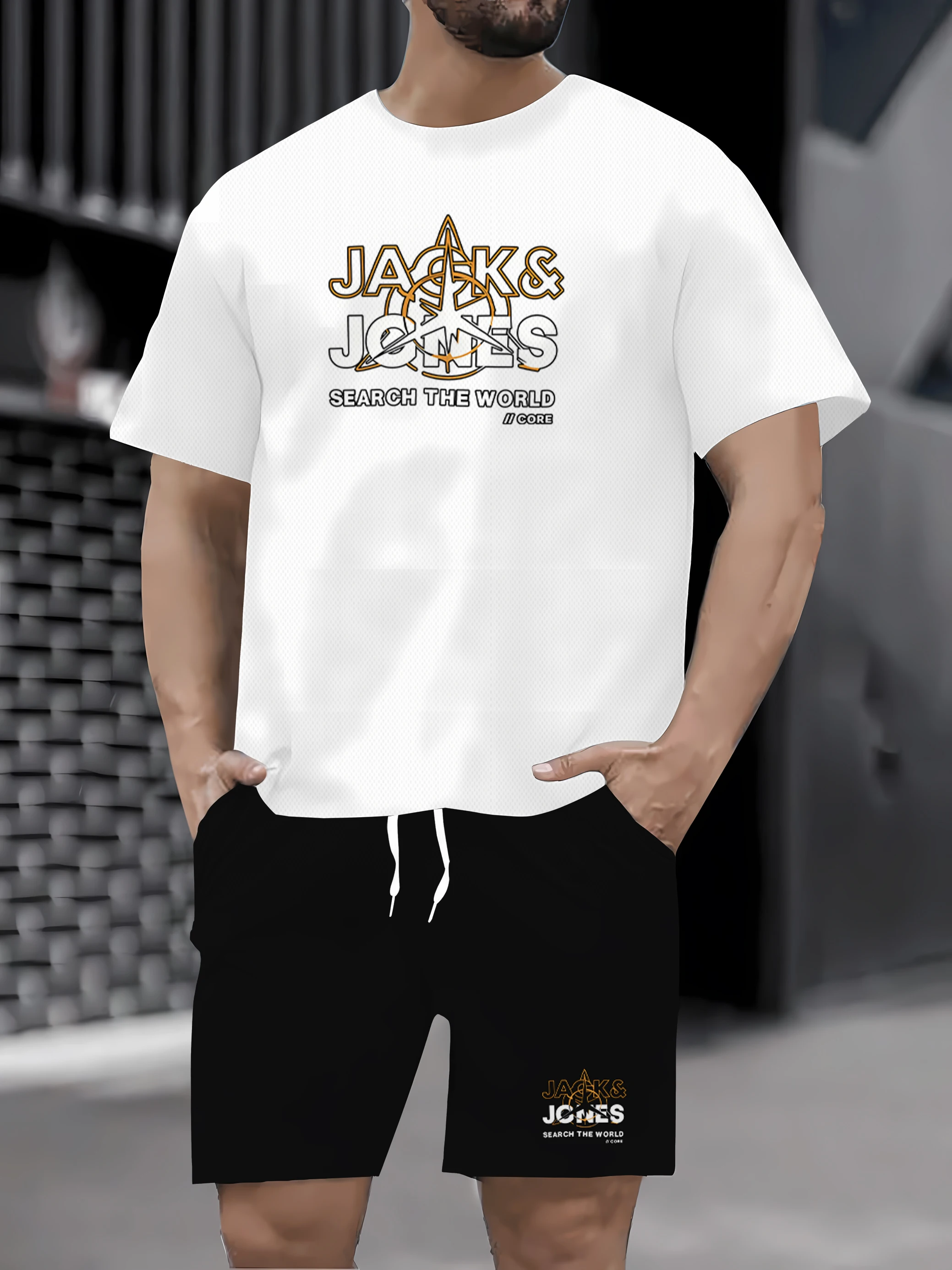 

2025 novo masculino повседневная манга curta camiseta Calças Cutas-verão уровень дыхательный em Torno do pescoço camiseta Calças Cutas t