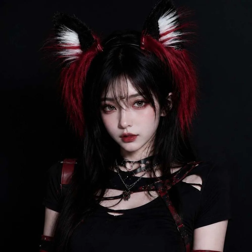 Lightweight Wolf Ears Headband Red Black Soft Faux Fur Headwear Fluffy Texture Anti Slip Halloween Hair Hoop Festive Gathering