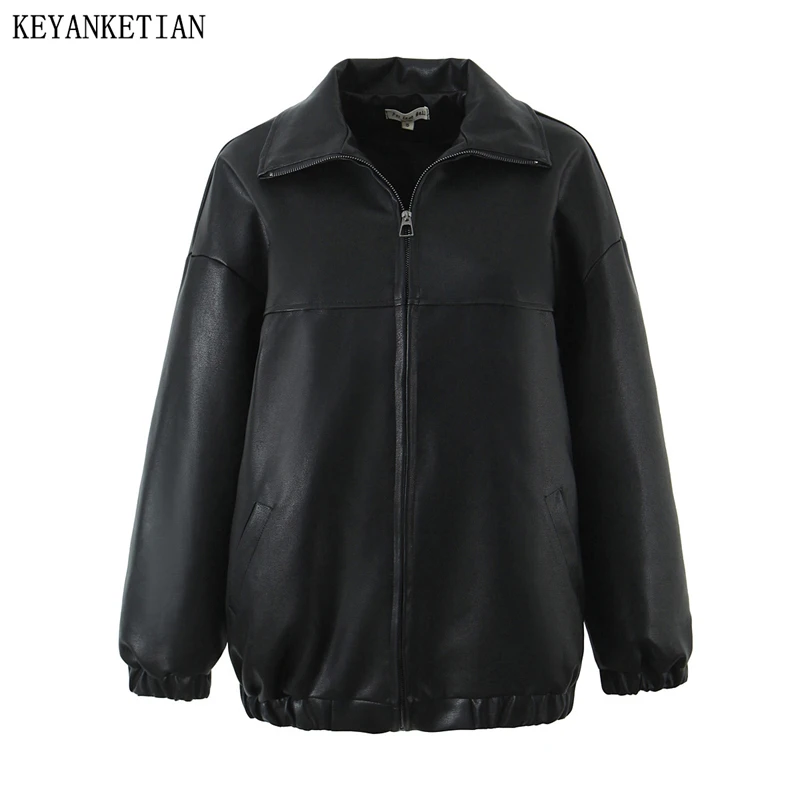 

KEYANKETIAN 2024 New Women's Oversize Artificial Leather Jacket Autumn Unisex style Zipper Turn Down Collar Loose Coat Outerwear