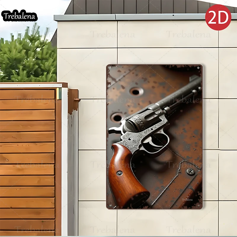 1 peça 2d plano 8*12 polegadas sinal de metal revólver vintage em metal enferrujado arte estilo ocidental
