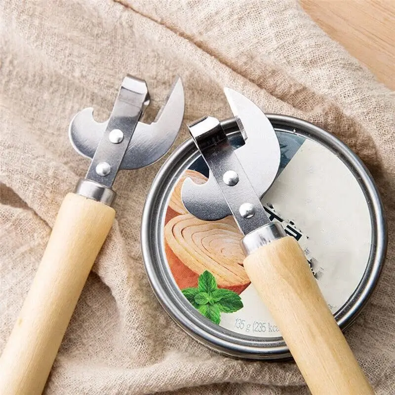 Can Opener, Multi-Functional Bottle Opener, Stainless Steel Wooden Handle Can Opener, Suitable for Cans, Screwdrivers, Evaporated Milk Cans, Beer