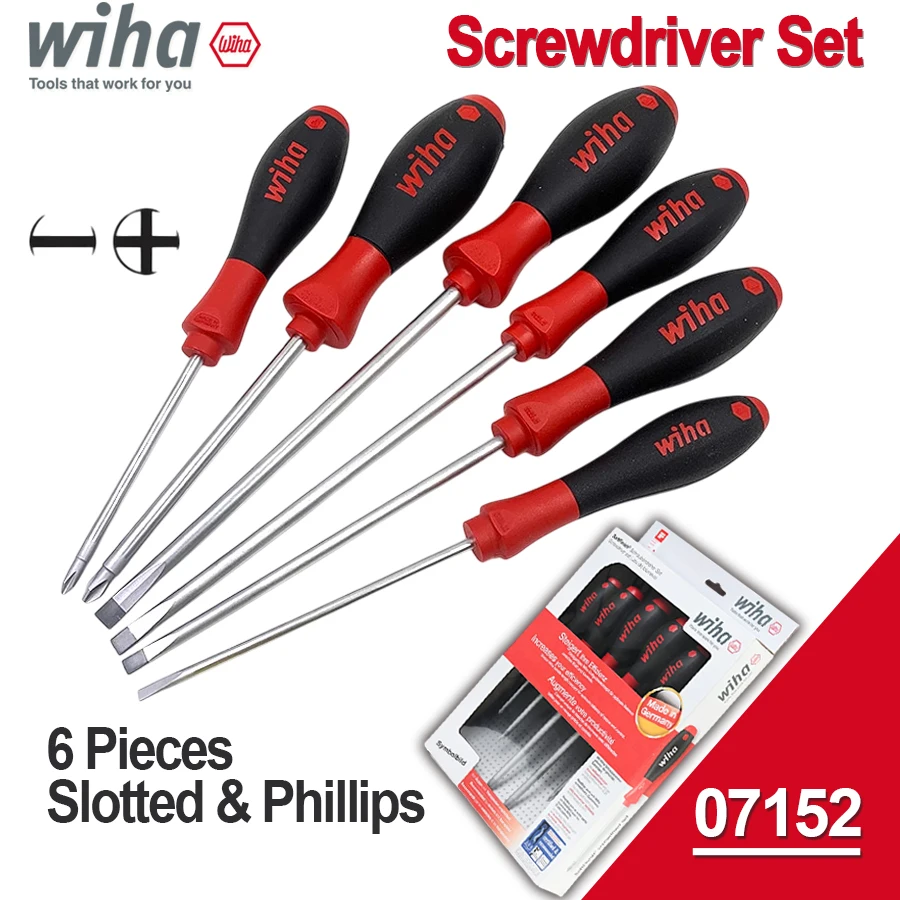 Wiha 07152- 6 Pieces Screwdriver Set for Phiilps Slotted Screws Chrome Plated with Ergonomic Multi-function Handle Hand Tool