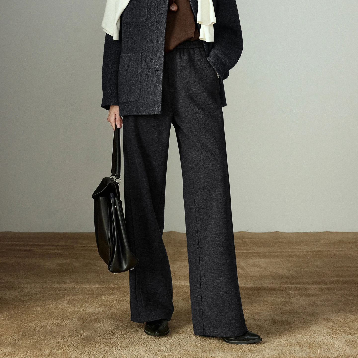 TOYOUTH سراويل تقليدية نسائية 2025 شتاء جديد كسول اللف محبوك الصوف مرونة الخصر الربط تصميم بنطال ذو قصة أرجل واسعة